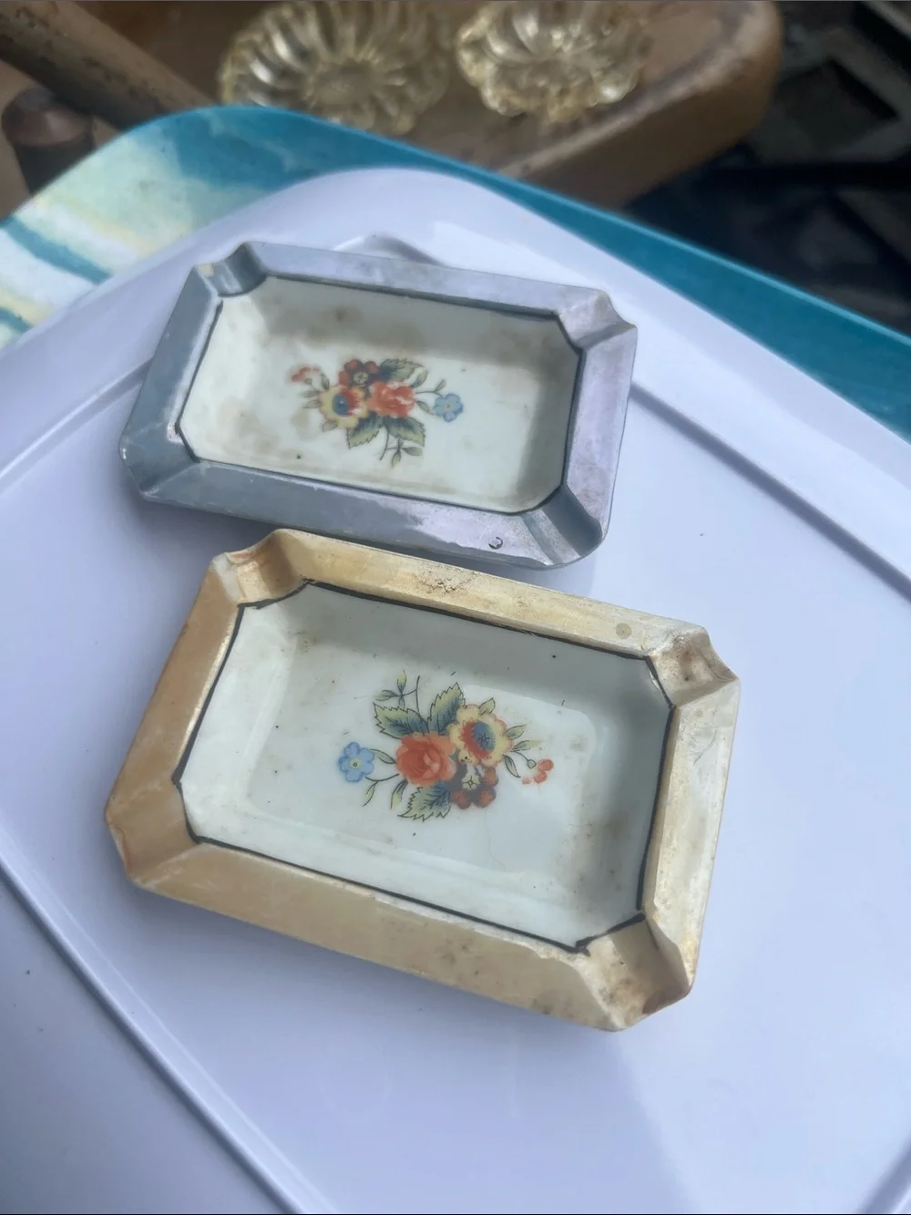 Vintage Gold & Silver Floral Ceramic Ashtray Set - Home Bath Accent